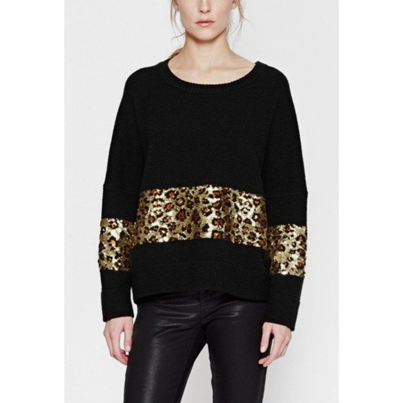 🤍 French Connection black sweater with sequin leopard print striped detail - Picture 1 of 12